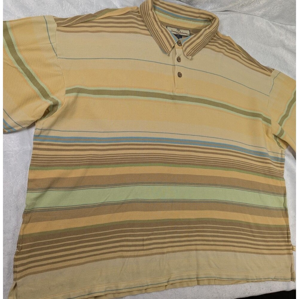 Tommy Bahama Mens XL Silk Cotton Striped Polo Shirt Yellow Green Blue Resort
